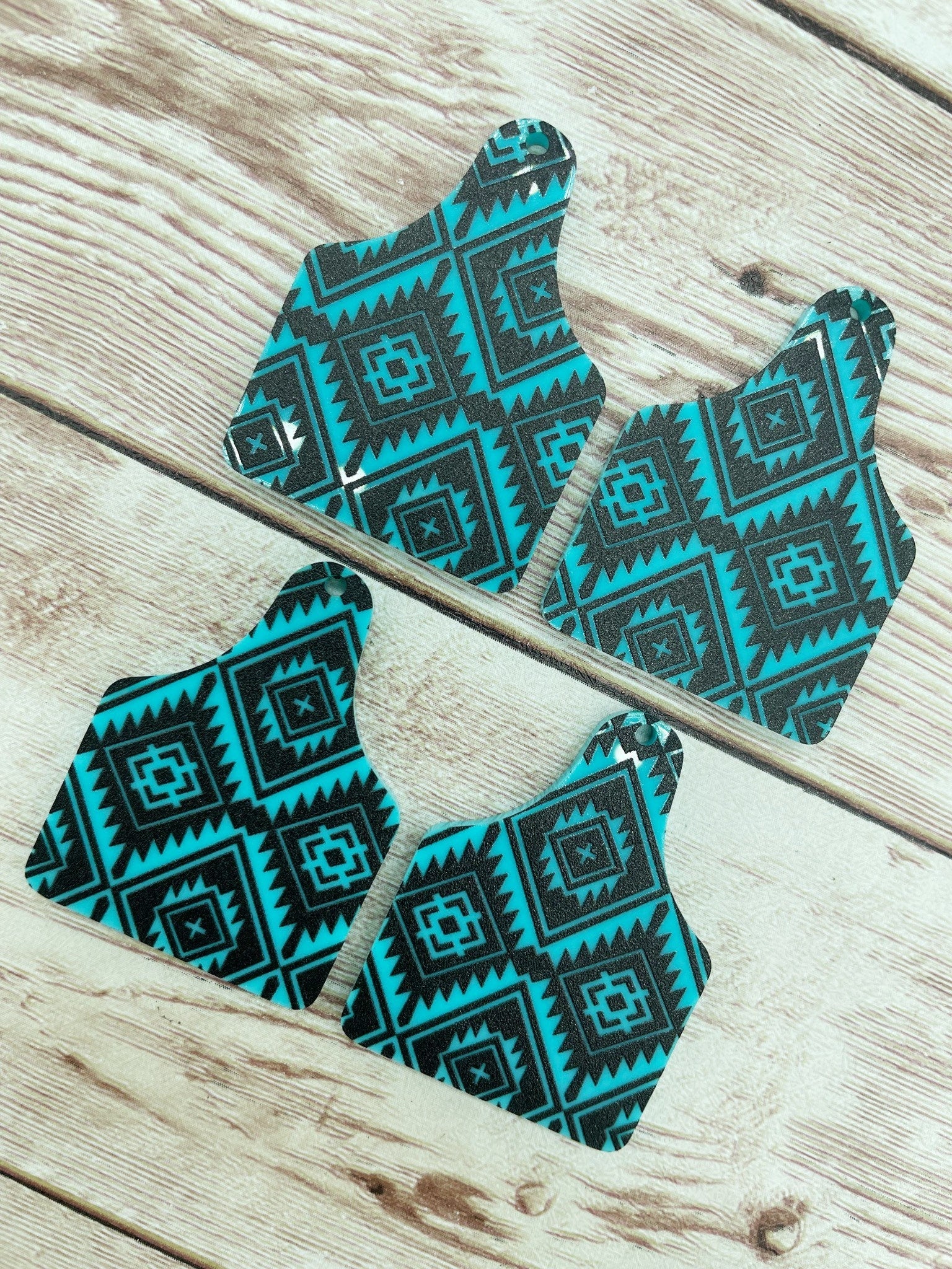 Patterned Teal Acrylic Aztec Print Cow Tag Earring Blanks, DIY Jewelry Making