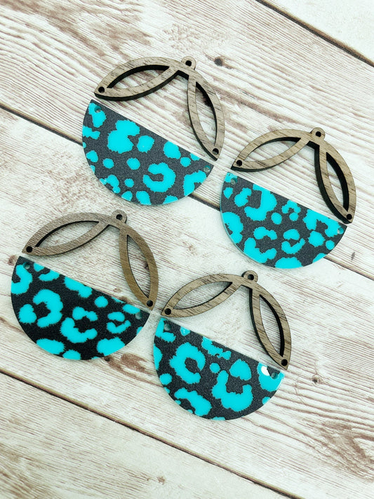 Patterned Teal Leopard Print Acrylic Intricate Wood Arch Round Earring Blanks, DIY Jewelry Making