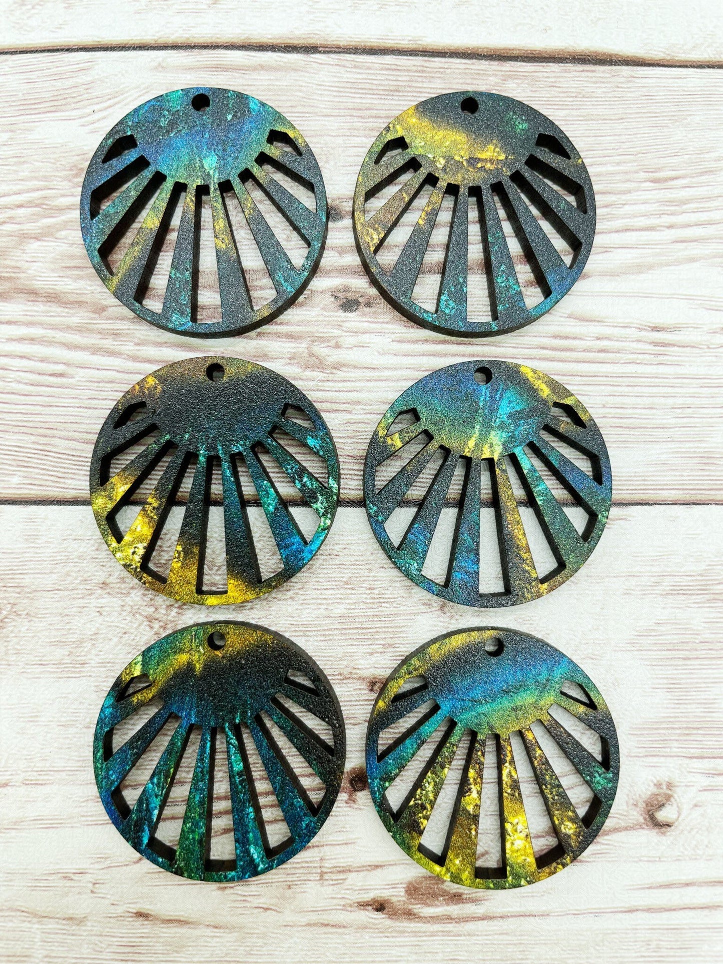 Patterned Blue Gold Wood Cut Cricle Earring Blanks, DIY Jewelry Making