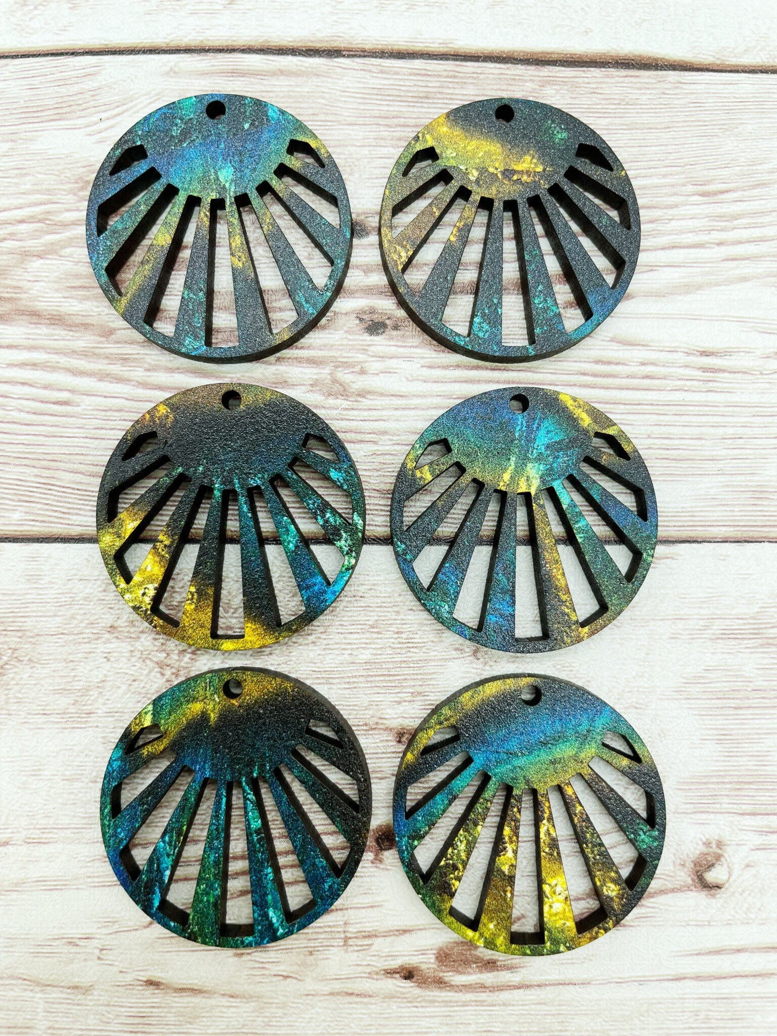 Patterned Blue Gold Wood Cut Cricle Earring Blanks, DIY Jewelry Making