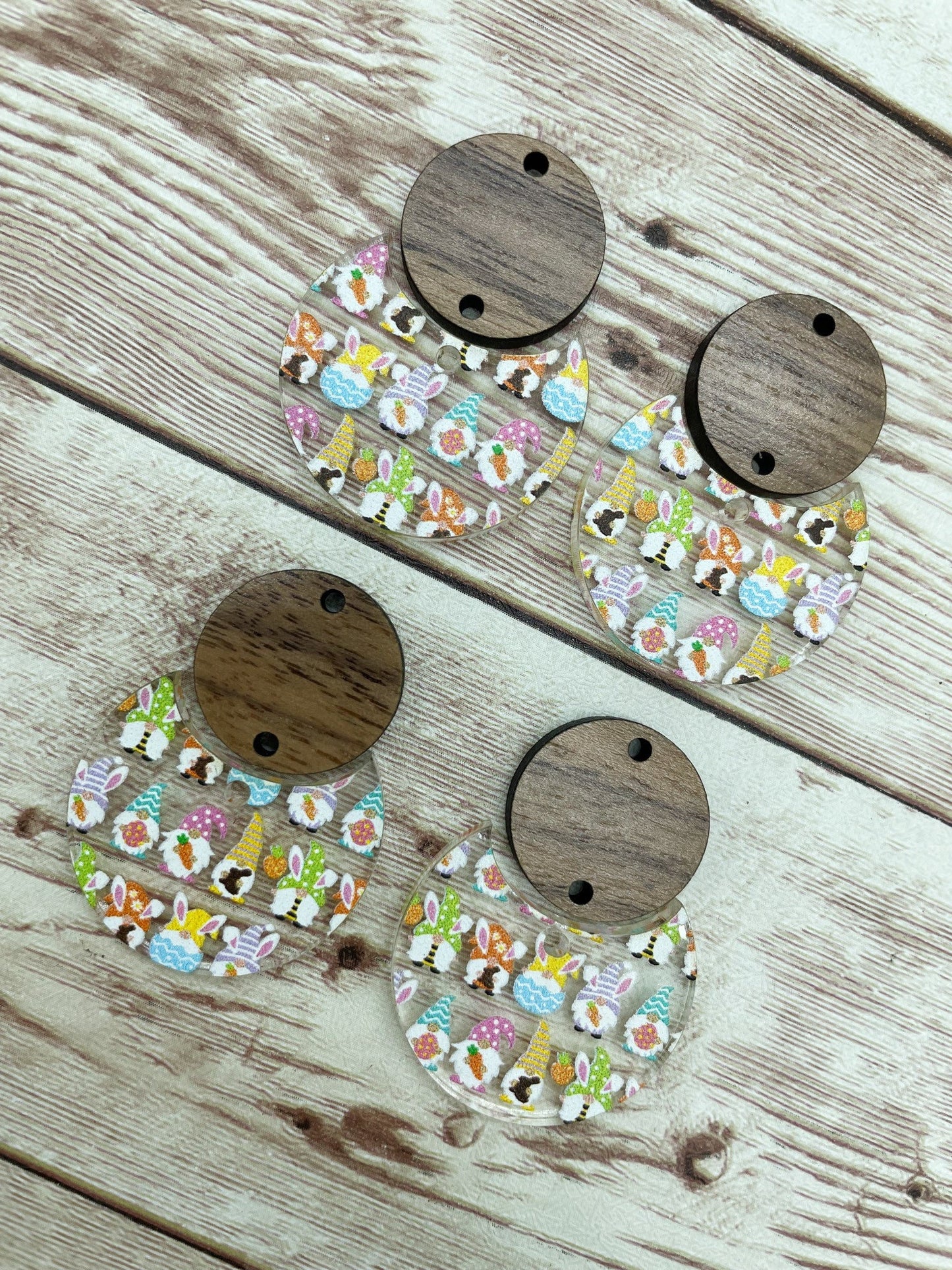 Patterned Easter Bunny Rabbit Gnome Print Acrylic and Wood Circle Set Earring Blanks, DIY Jewelry Making