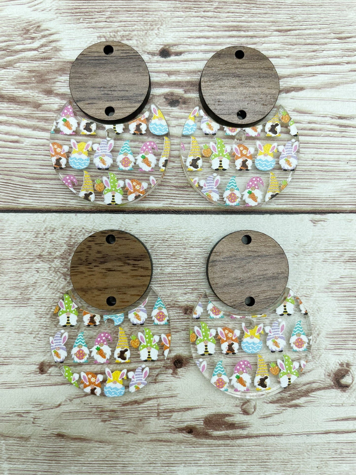Patterned Easter Bunny Rabbit Gnome Print Acrylic and Wood Circle Set Earring Blanks, DIY Jewelry Making