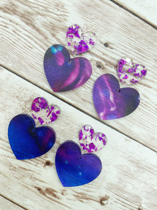 Purple Blue Swirl Acrylic and Purple Glitter Heart Earring Blanks, DIY Jewelry Making