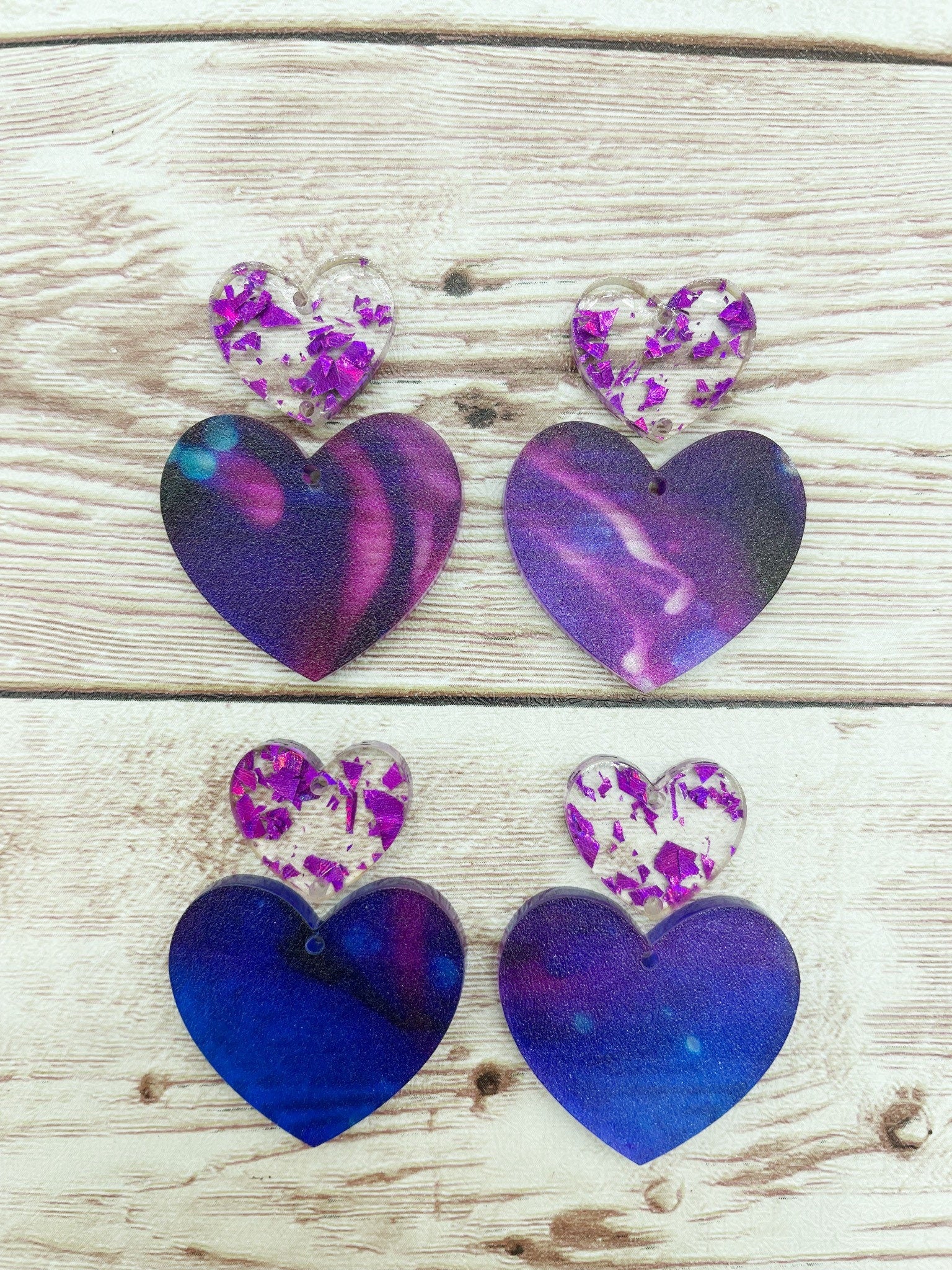 Purple Blue Swirl Acrylic and Purple Glitter Heart Earring Blanks, DIY Jewelry Making