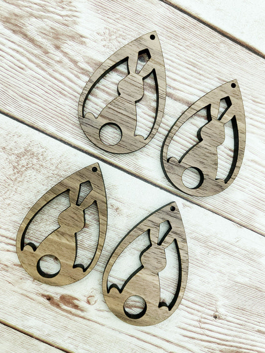 Wood Rabbit Bunny Easter Teardrop Earring Blanks, Finished Walnut Blank, DIY Jewelry Making