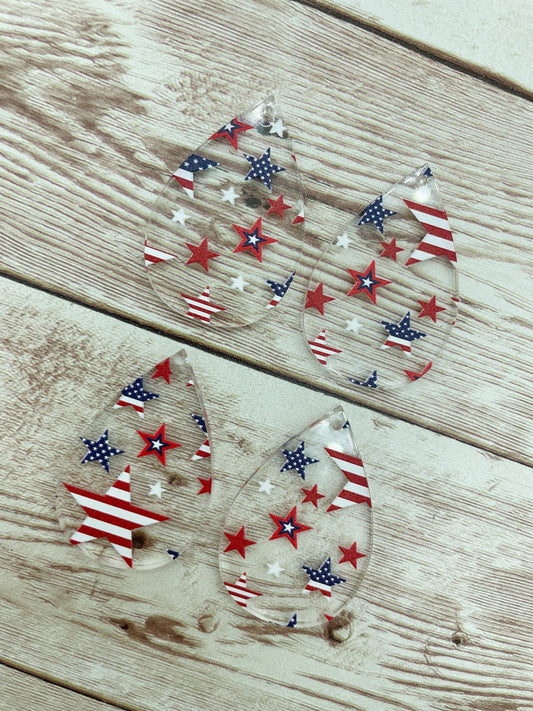 Patterned Star Print Patriotic July Acrylic Teardrop Earring Blanks, DIY Jewelry Making