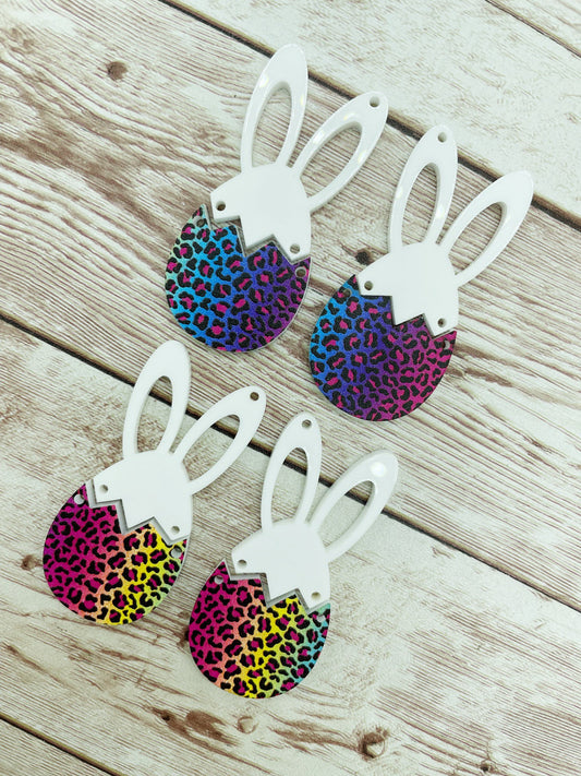 Rainbow Leopard Acrylic and White Bunny Rabbit Egg Set Print Earring Blanks, DIY Jewelry Making