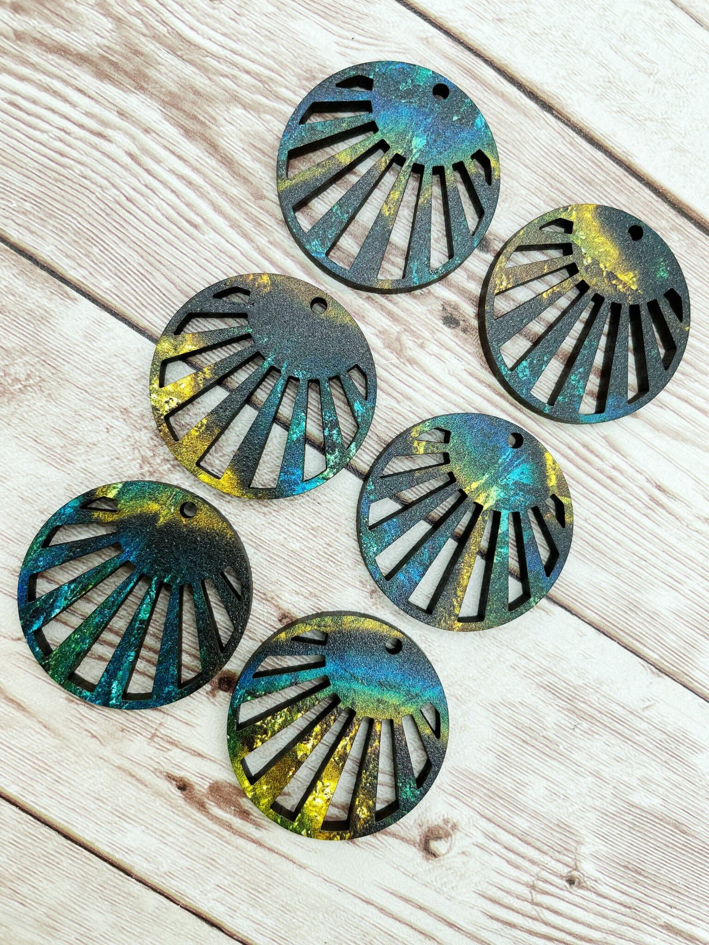 Patterned Blue Gold Wood Cut Cricle Earring Blanks, DIY Jewelry Making
