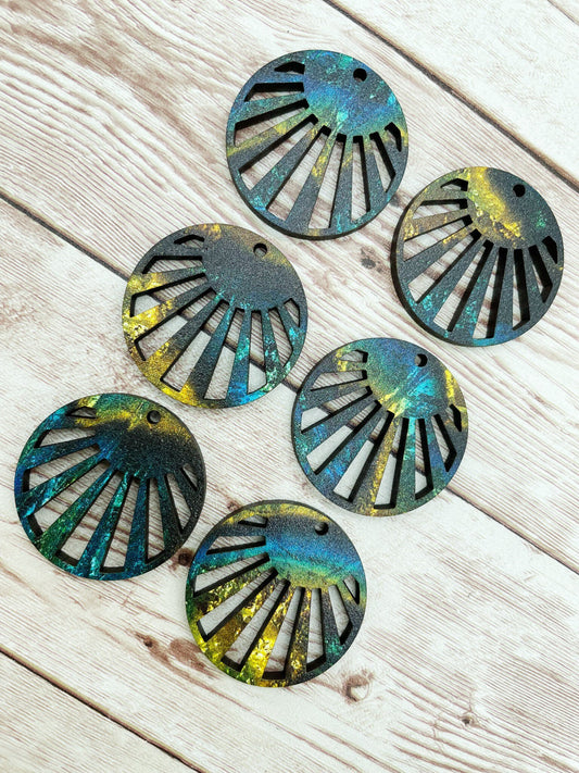 Patterned Blue Gold Wood Cut Cricle Earring Blanks, DIY Jewelry Making