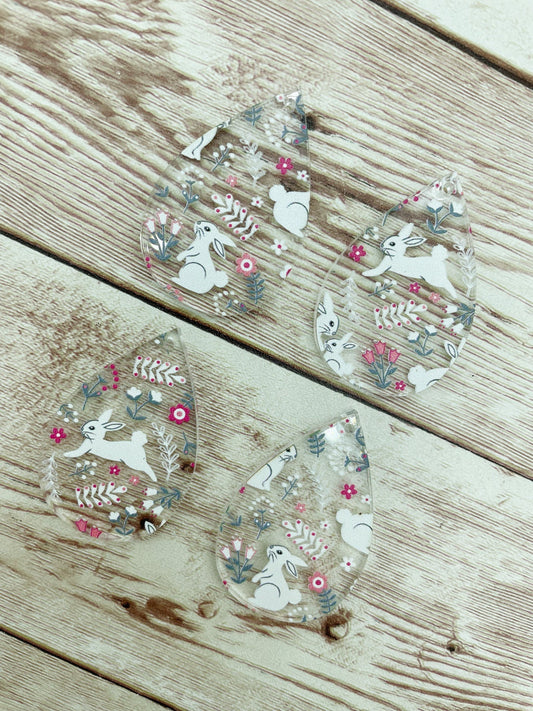 Patterned Floral Bunny Rabbit Easter Print Acrylic Teardrop Earring Blanks, DIY Jewelry Making