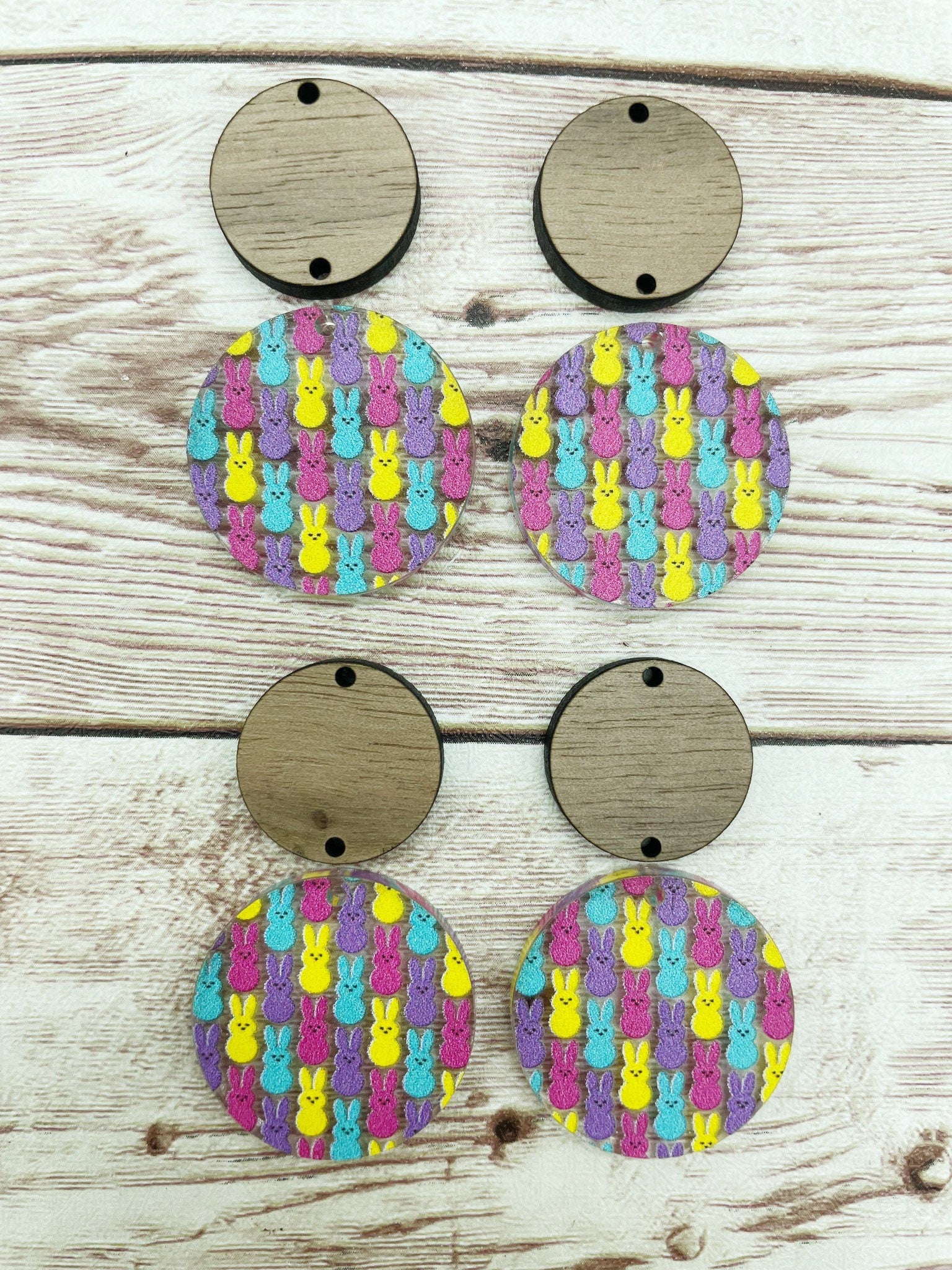 Patterned Acrylic and Wood Circle Set Marshmallow Bunny Easter Print Earring Blanks, DIY Jewelry Making