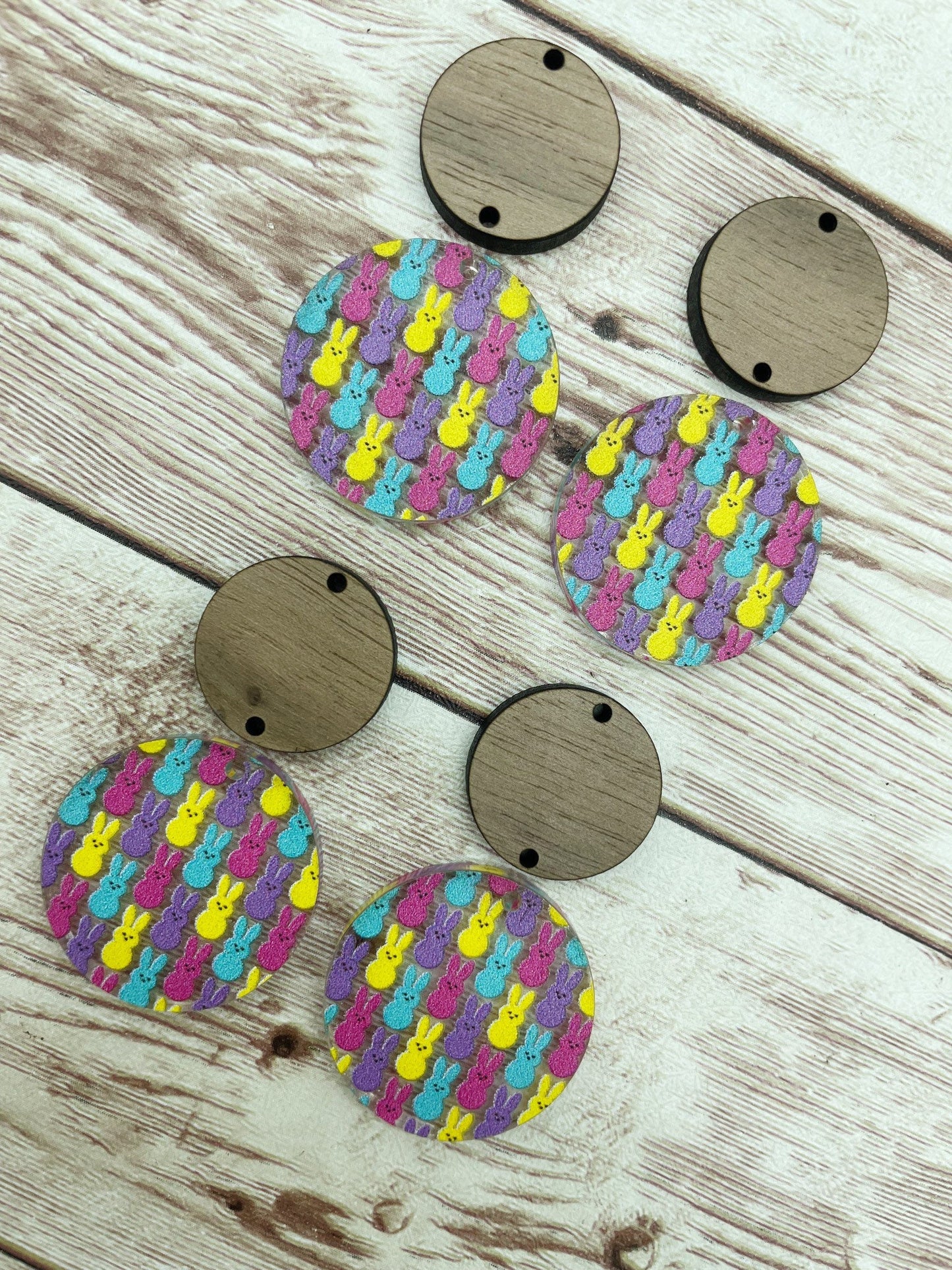 Patterned Acrylic and Wood Circle Set Marshmallow Bunny Easter Print Earring Blanks, DIY Jewelry Making