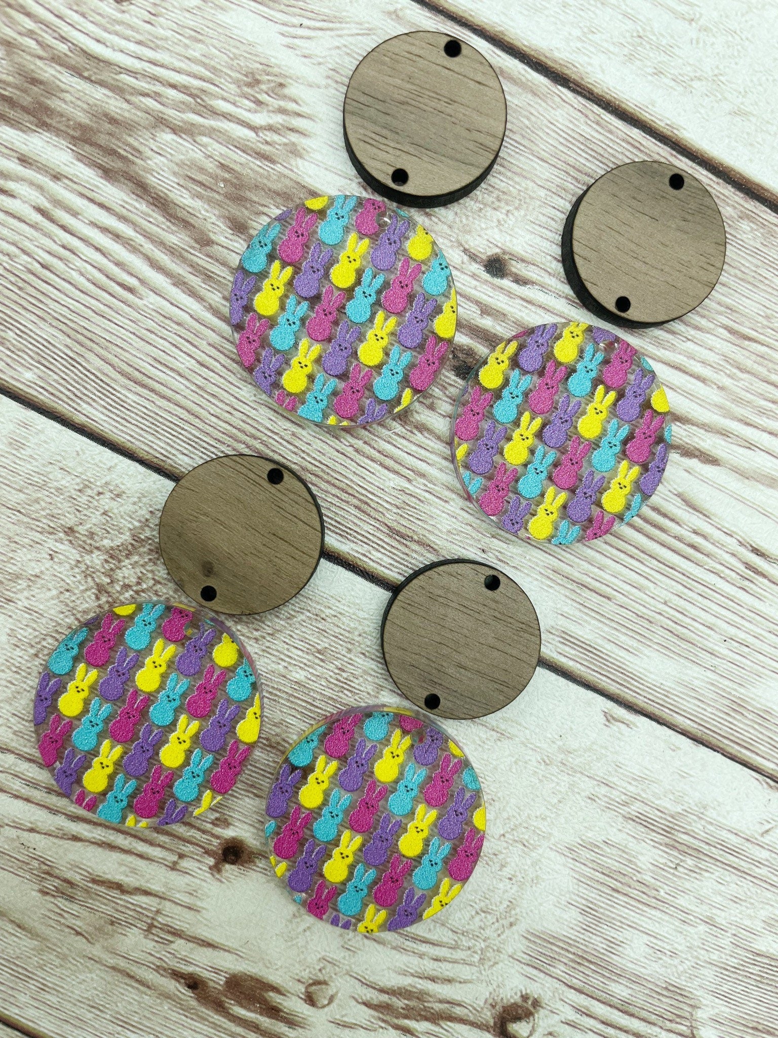 Patterned Acrylic and Wood Circle Set Marshmallow Bunny Easter Print Earring Blanks, DIY Jewelry Making