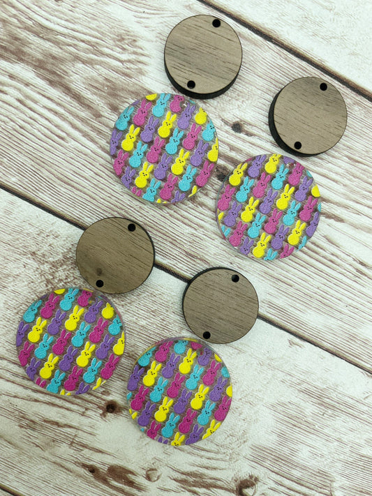 Patterned Acrylic and Wood Circle Set Marshmallow Bunny Easter Print Earring Blanks, DIY Jewelry Making