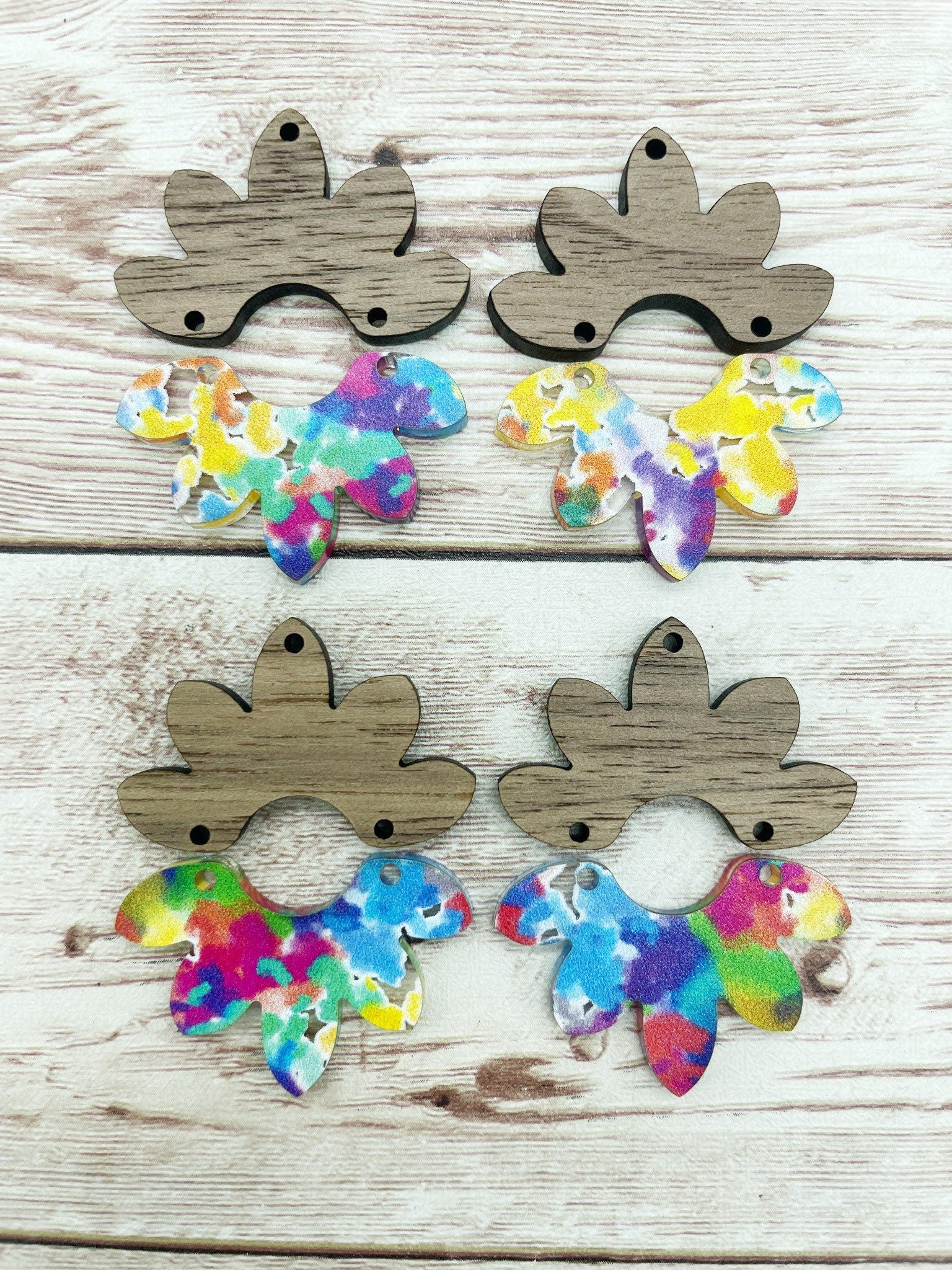 Patterned Multicolor Flower Petal Acrylic and Wood Set Earring Blanks, DIY Jewelry Making