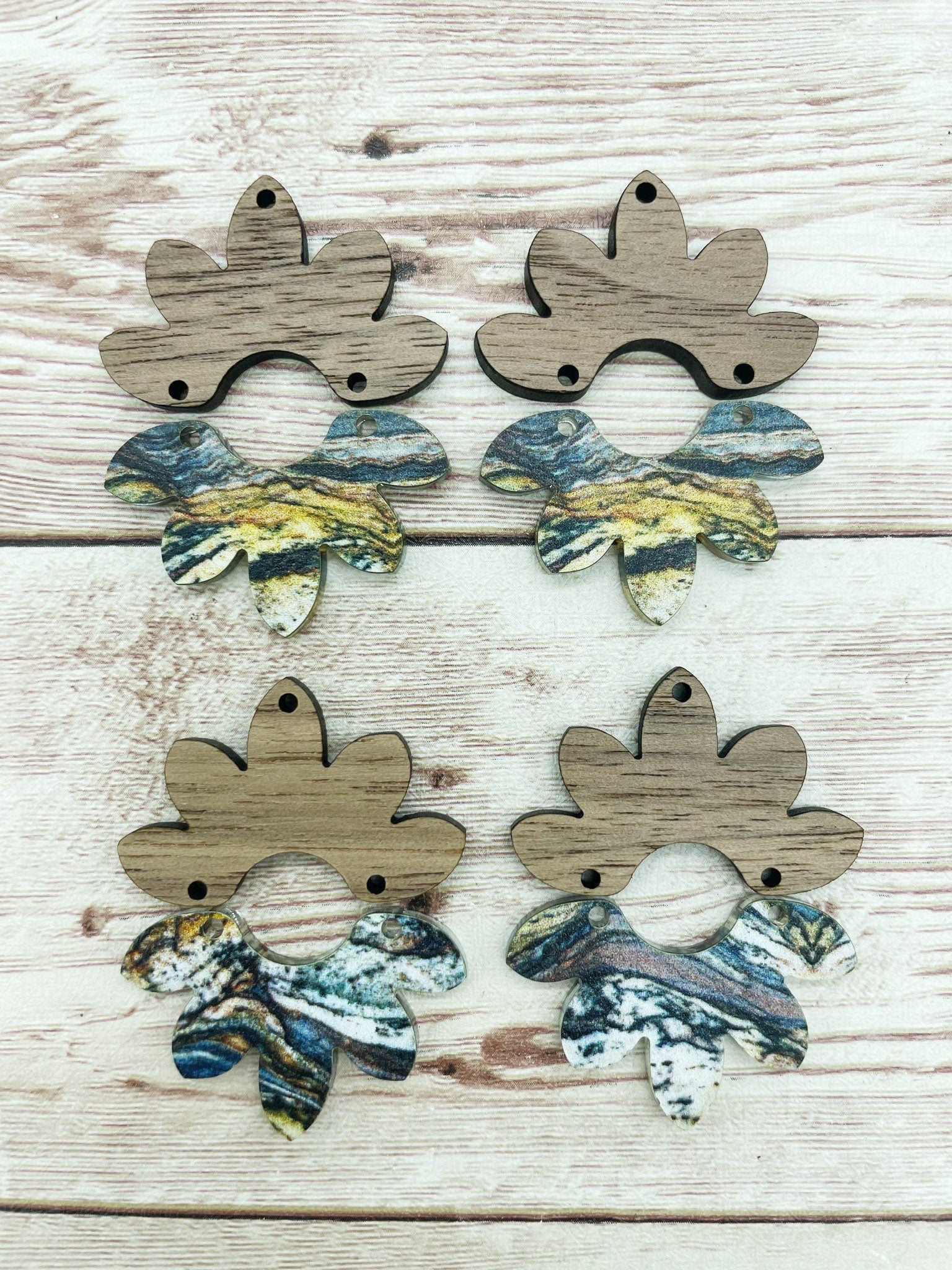 Patterned Granite Flower Petal Acrylic and Wood Set Earring Blanks, DIY Jewelry Making