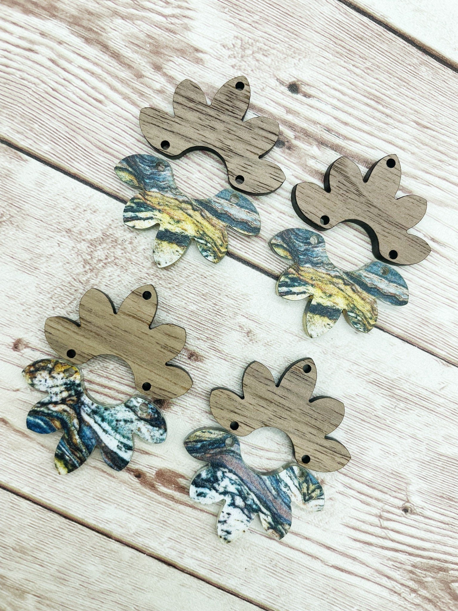 Patterned Granite Flower Petal Acrylic and Wood Set Earring Blanks, DIY Jewelry Making