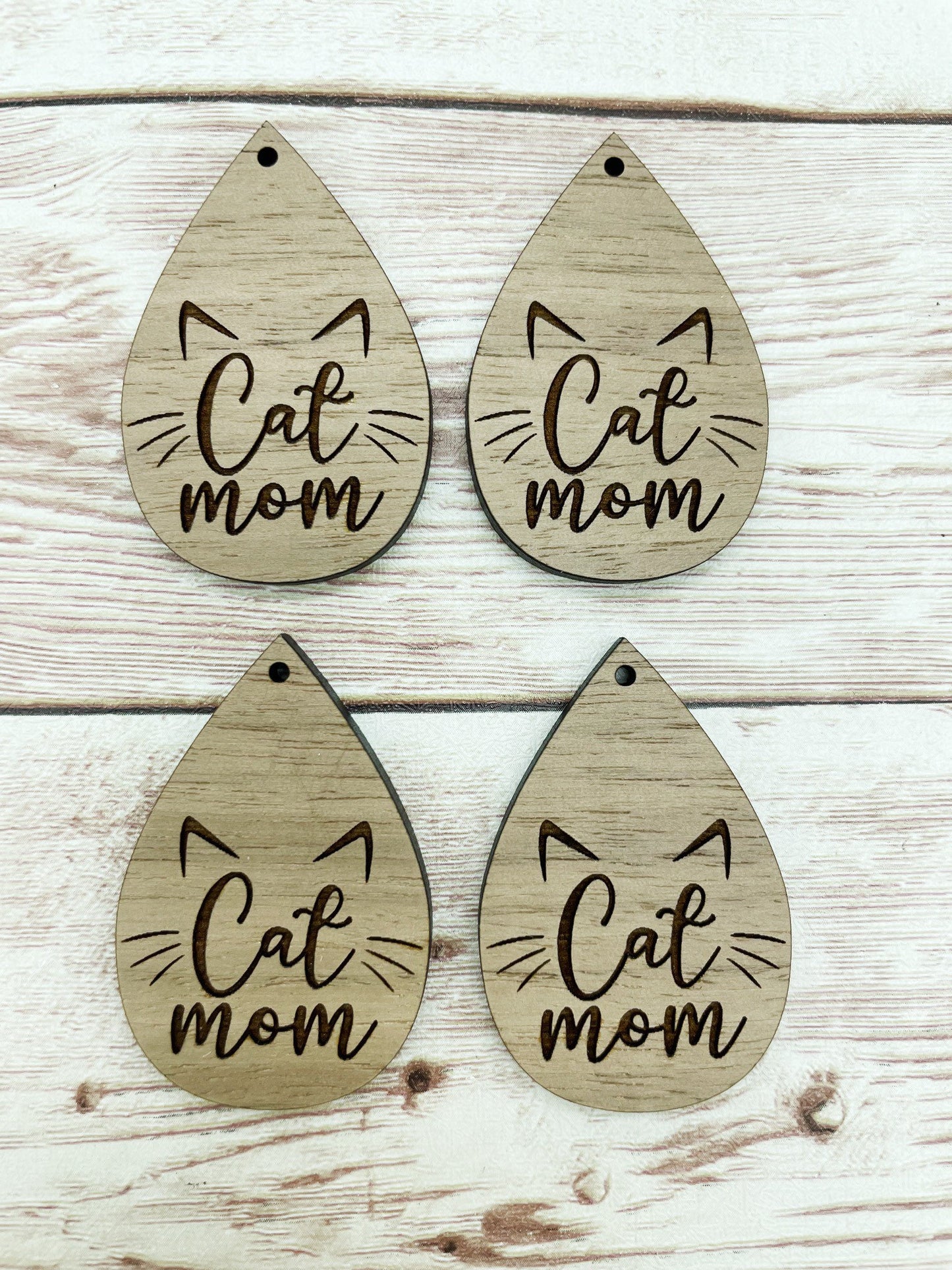 Wood Teardrop Engraved Cat Mom Earring Blanks, Finished Walnut Blank, DIY Jewelry Making