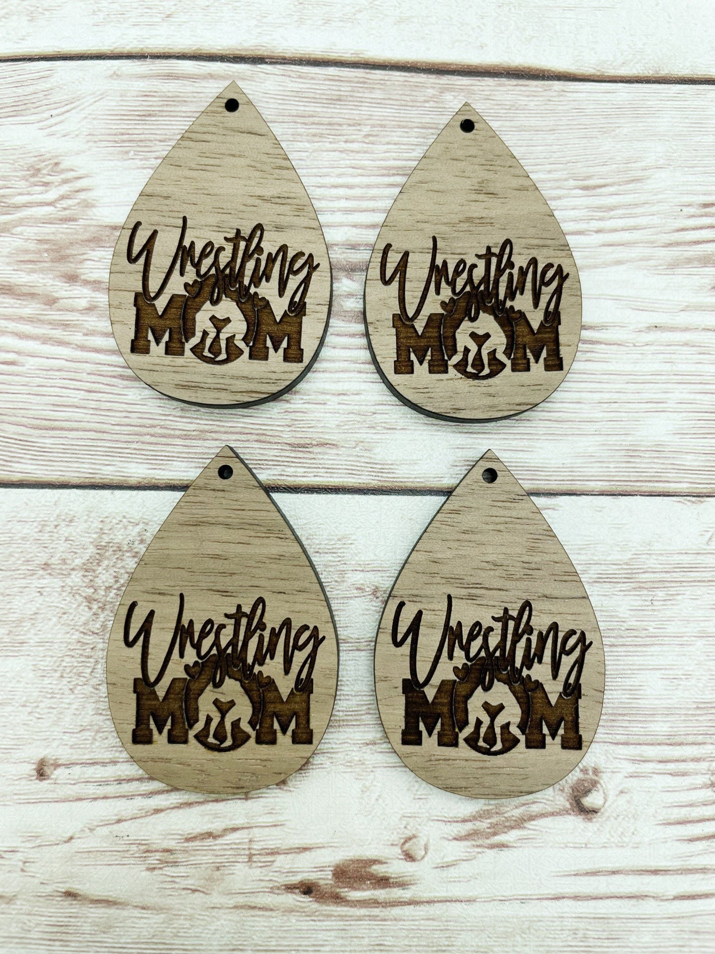 Wood Teardrop Engraved Wrestling Mom Earring Blanks, Finished Walnut Blank, DIY Jewelry Making