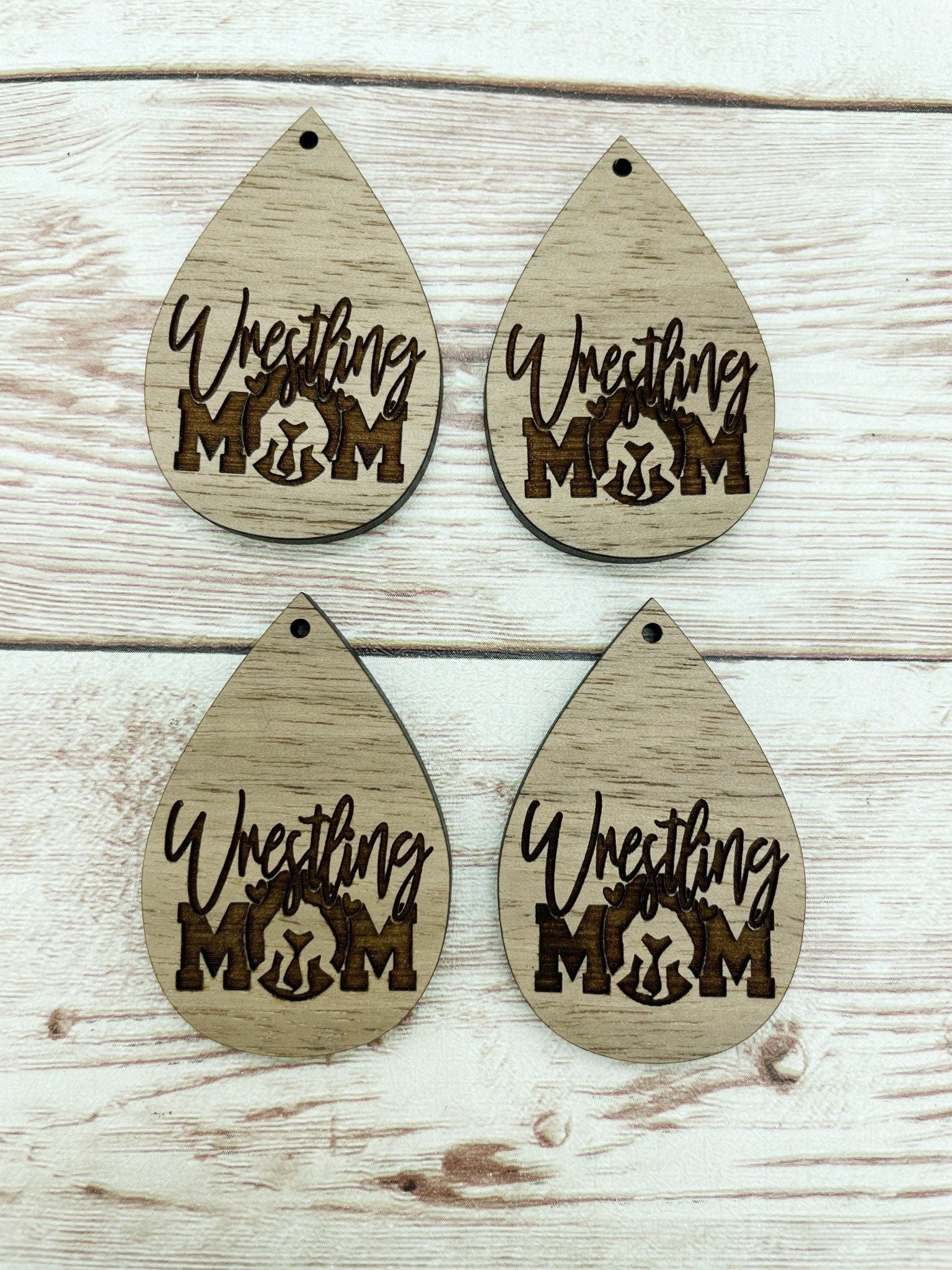 Wood Teardrop Engraved Wrestling Mom Earring Blanks, Finished Walnut Blank, DIY Jewelry Making