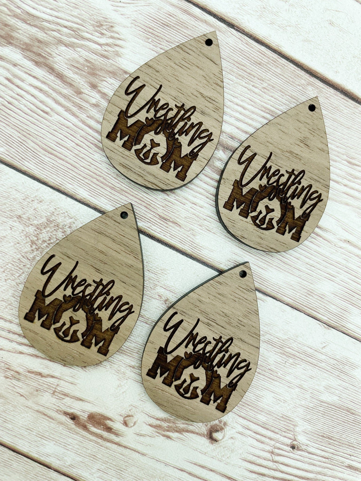 Wood Teardrop Engraved Wrestling Mom Earring Blanks, Finished Walnut Blank, DIY Jewelry Making