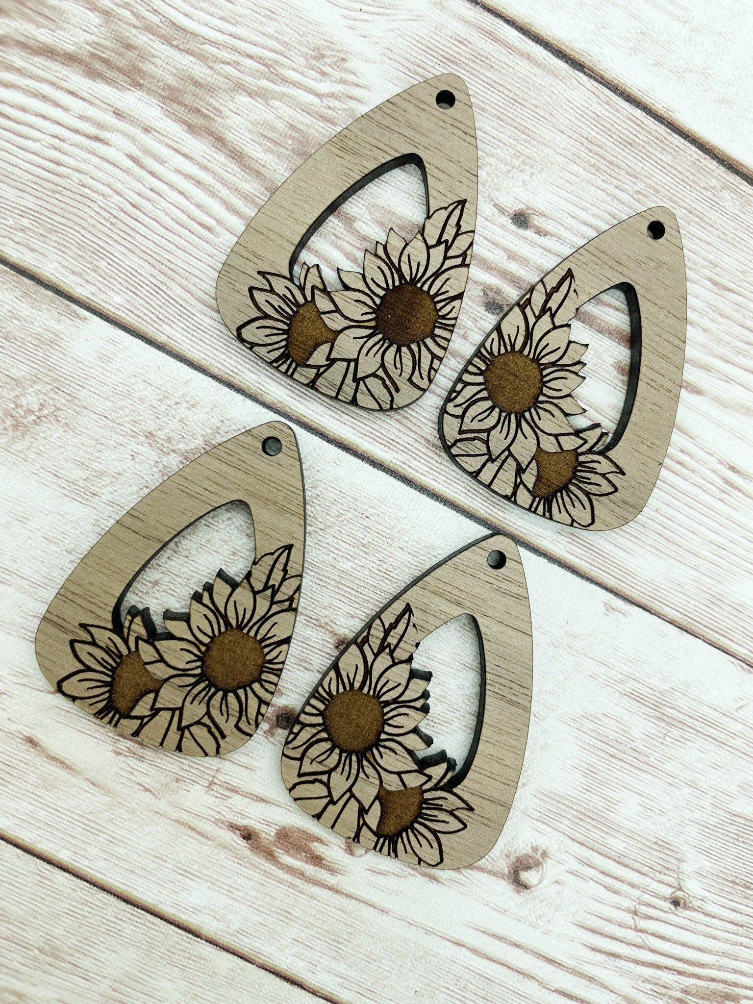 Wood Engraved Sunflower Earring Blanks, Finished Walnut Blank, DIY Jewelry Making
