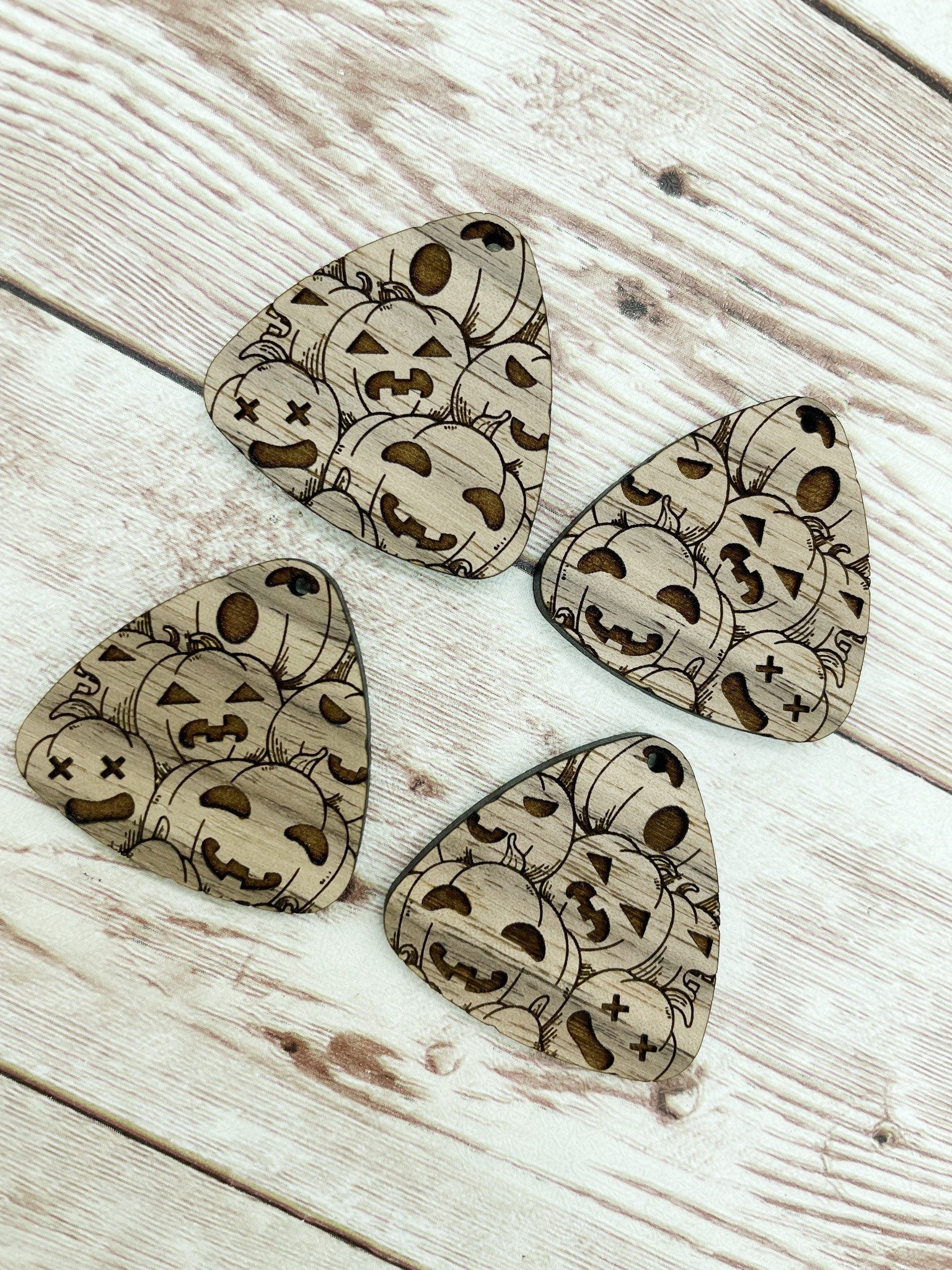 Wood Engraved Triangle Pumpkin Face Earring Blanks, Finished Walnut Blank, DIY Jewelry Making