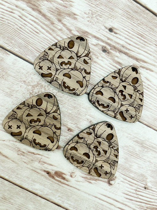 Wood Engraved Triangle Pumpkin Face Earring Blanks, Finished Walnut Blank, DIY Jewelry Making