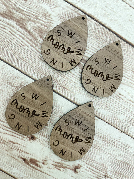 Wood Teardrop Engraved Swimming Mom Earring Blanks, Finished Walnut Blank, DIY Jewelry Making