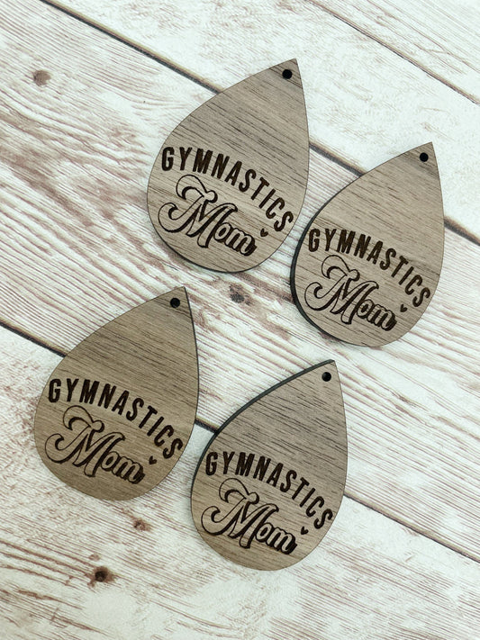 Wood Teardrop Engraved Gymnastics Mom Earring Blanks, Finished Walnut Blank, DIY Jewelry Making