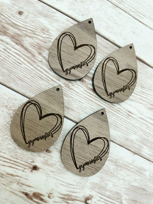 Wood Teardrop Engraved Gymnastics Heart Earring Blanks, Finished Walnut Blank, DIY Jewelry Making
