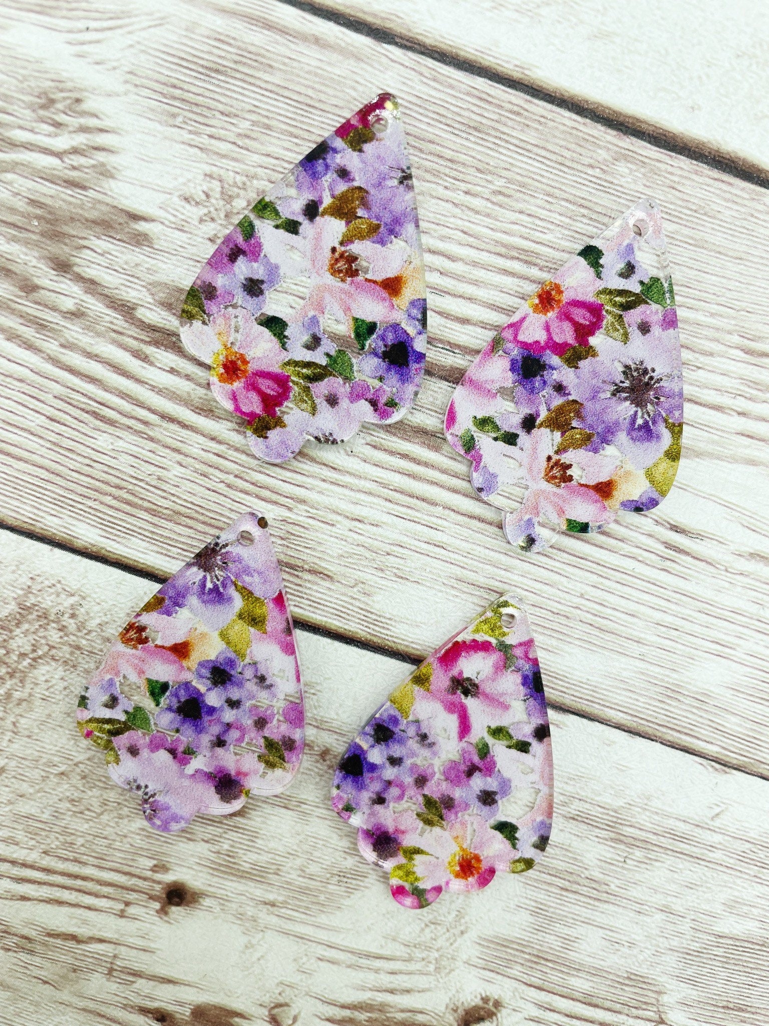 Patterned Purple and Pink Floral Ruffled Teardrop Acrylic Earring Blanks, DIY Jewelry Making
