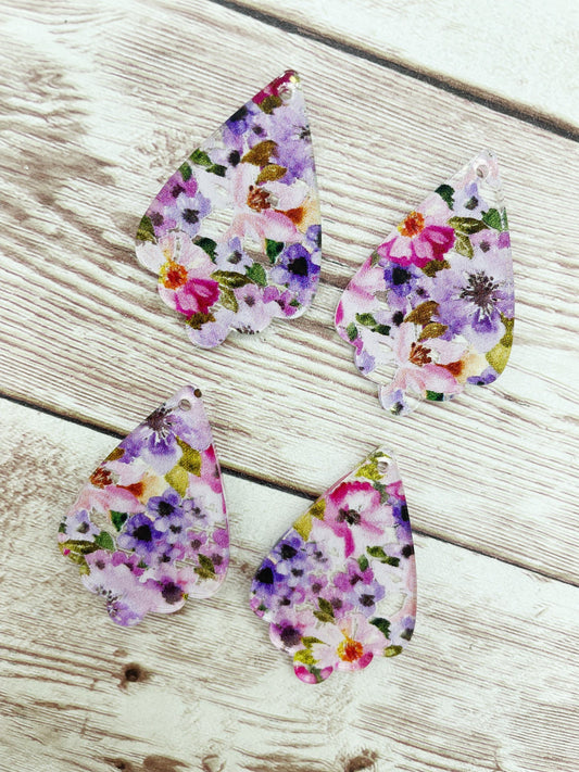 Patterned Purple and Pink Floral Ruffled Teardrop Acrylic Earring Blanks, DIY Jewelry Making