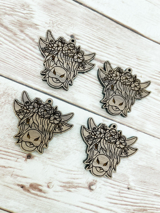 Wood Engraved Floral Highland Cow Earring Blanks, Finished Walnut Blank, DIY Jewelry Making