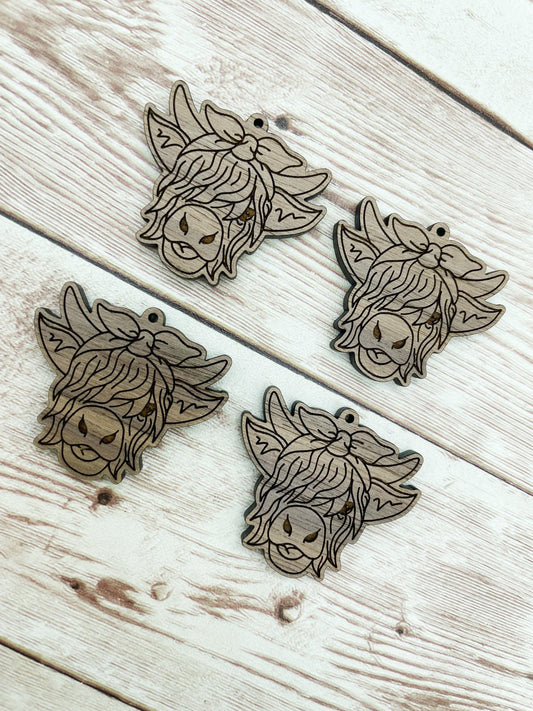 Wood Engraved Bow Highland Cow Earring Blanks, Finished Walnut Blank, DIY Jewelry Making