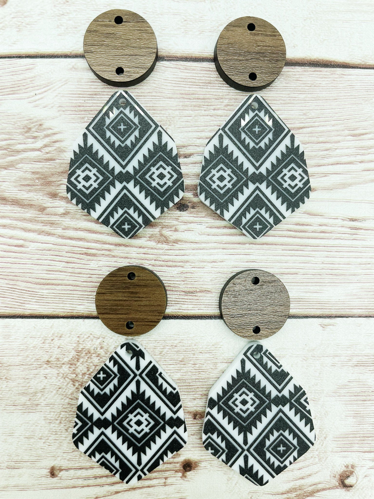 Patterned Aztec Acrylic and Wood Circle Set Earring Blanks, DIY Jewelry Making