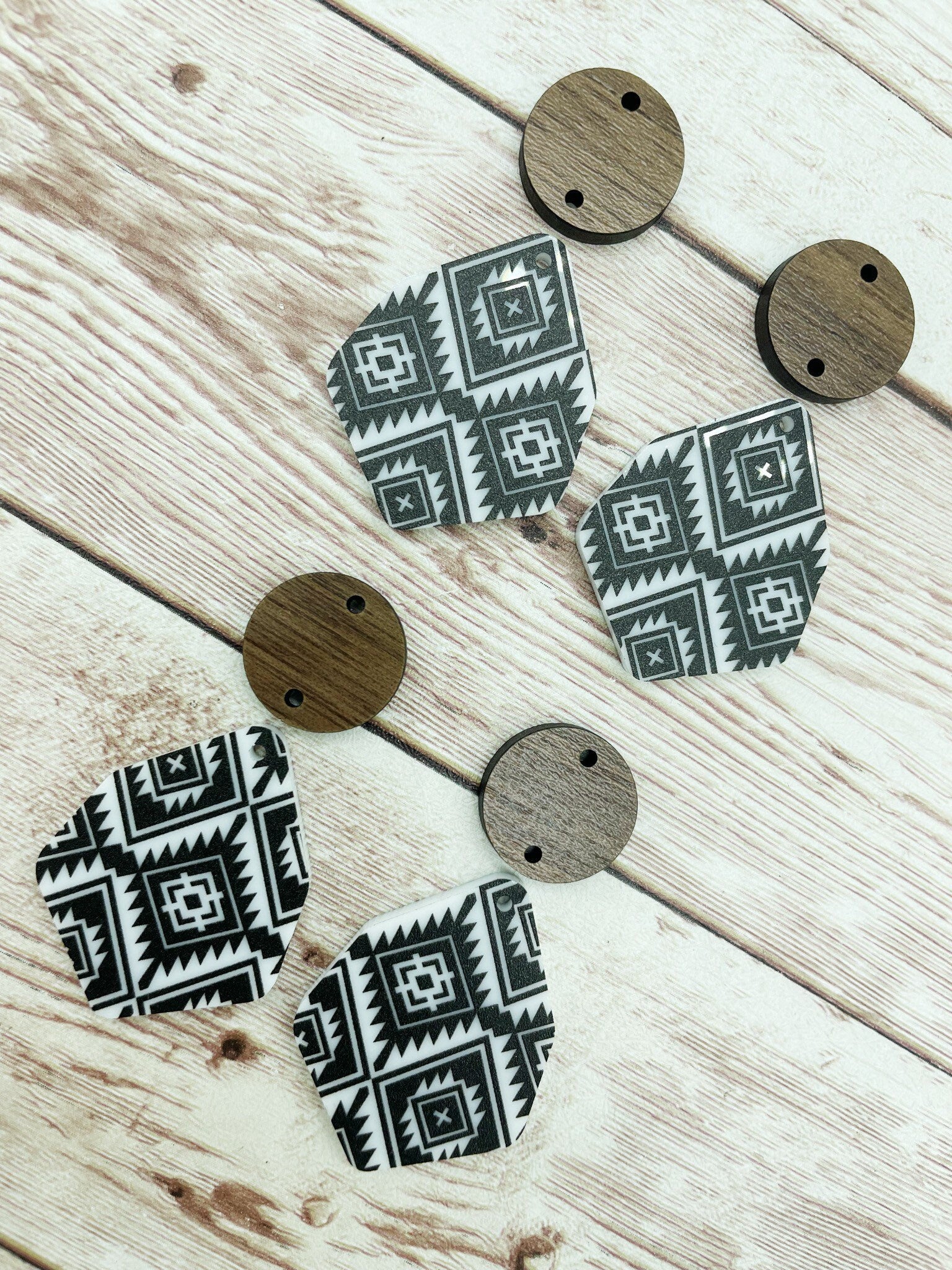 Patterned Aztec Acrylic and Wood Circle Set Earring Blanks, DIY Jewelry Making