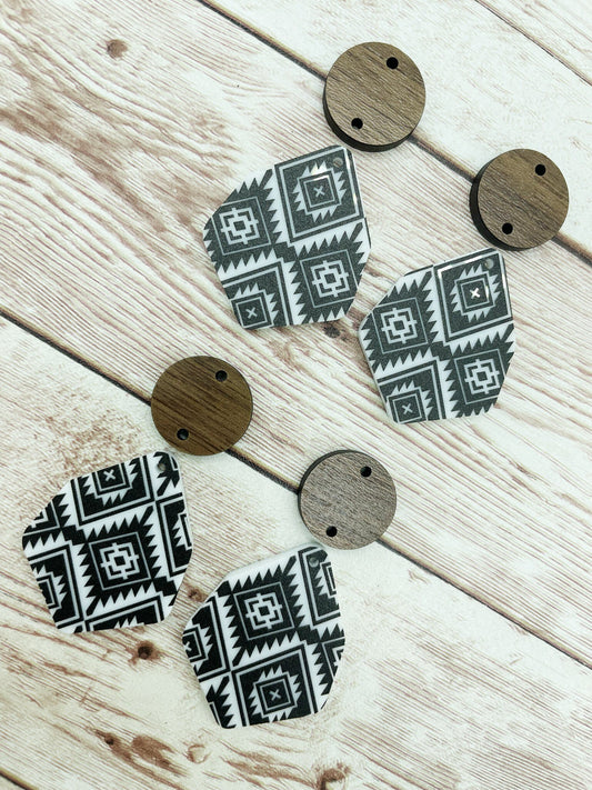 Patterned Aztec Acrylic and Wood Circle Set Earring Blanks, DIY Jewelry Making