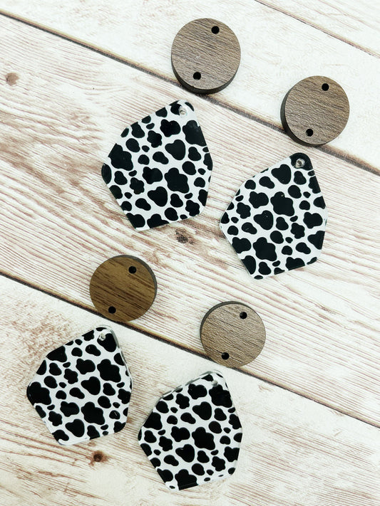 Patterned Cow Print Acrylic and Wood Circle Set Earring Blanks, DIY Jewelry Making