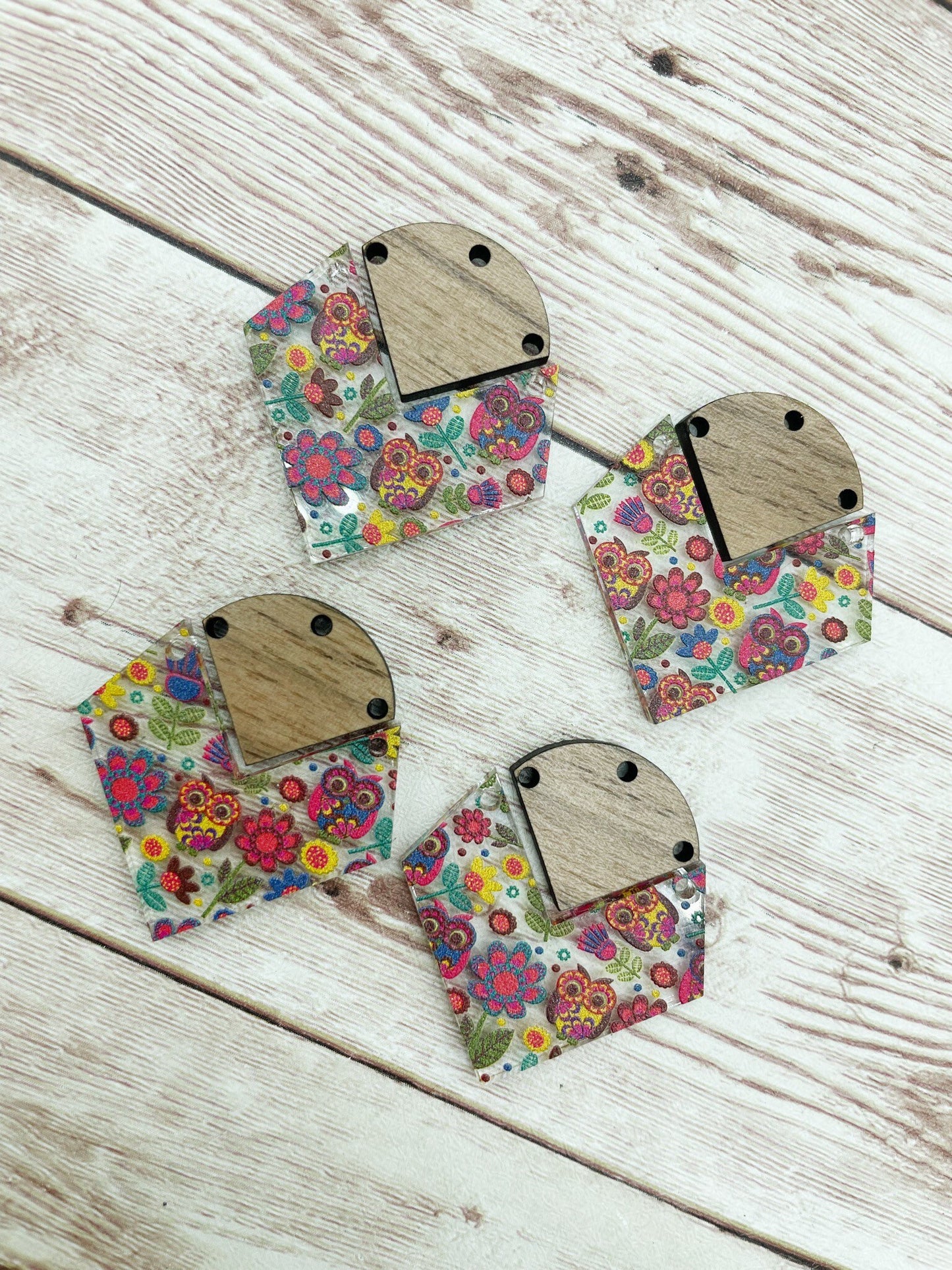 Patterned Floral Owl Acrylic and Wood Connector Set Earring Blanks, DIY Jewelry Making