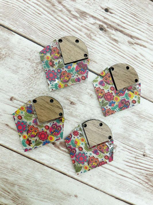 Patterned Floral Owl Acrylic and Wood Connector Set Earring Blanks, DIY Jewelry Making