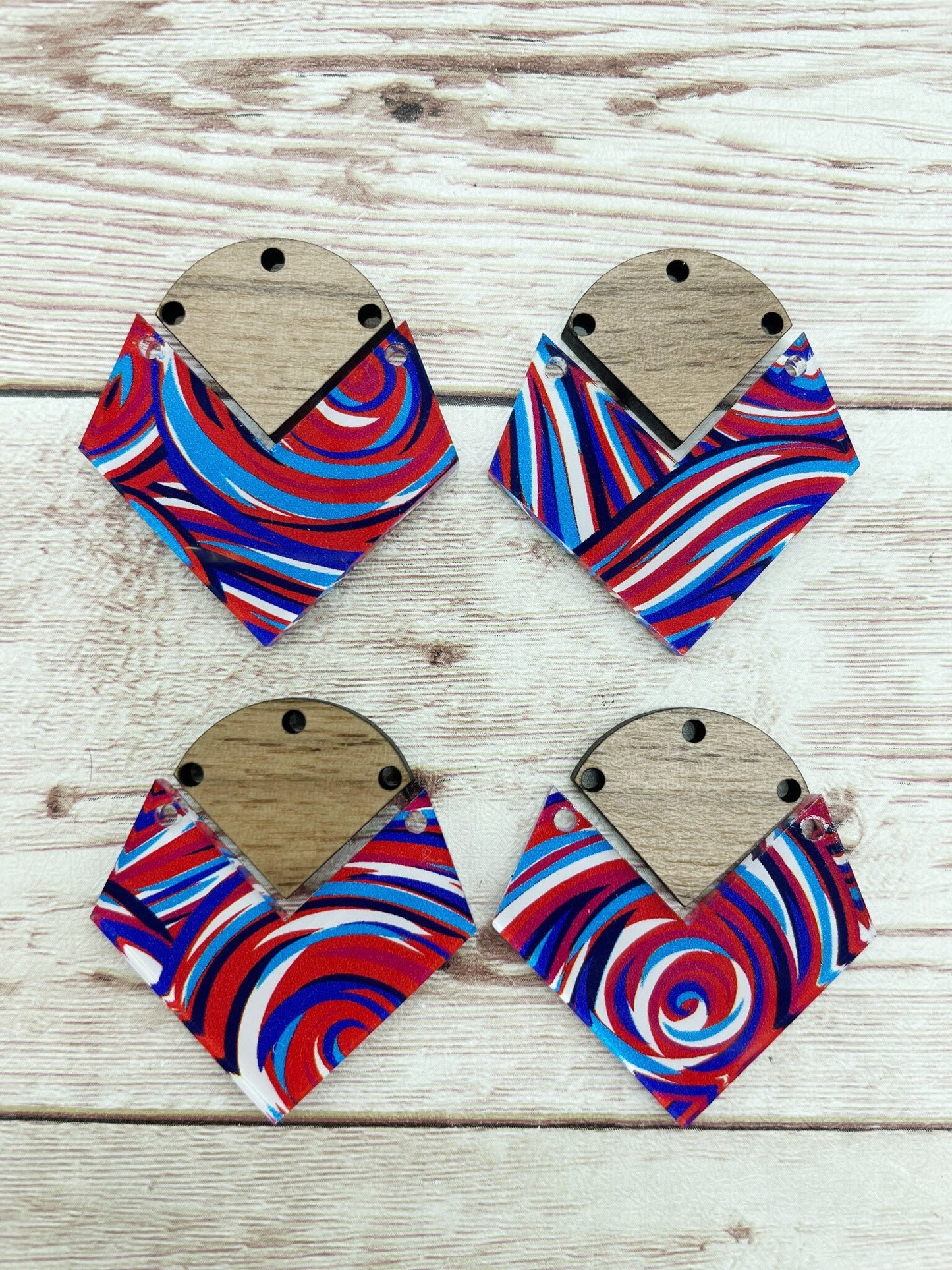 Patterned Red White Blue Swirl July Acrylic and Wood Connector Set Earring Blanks, DIY Jewelry Making