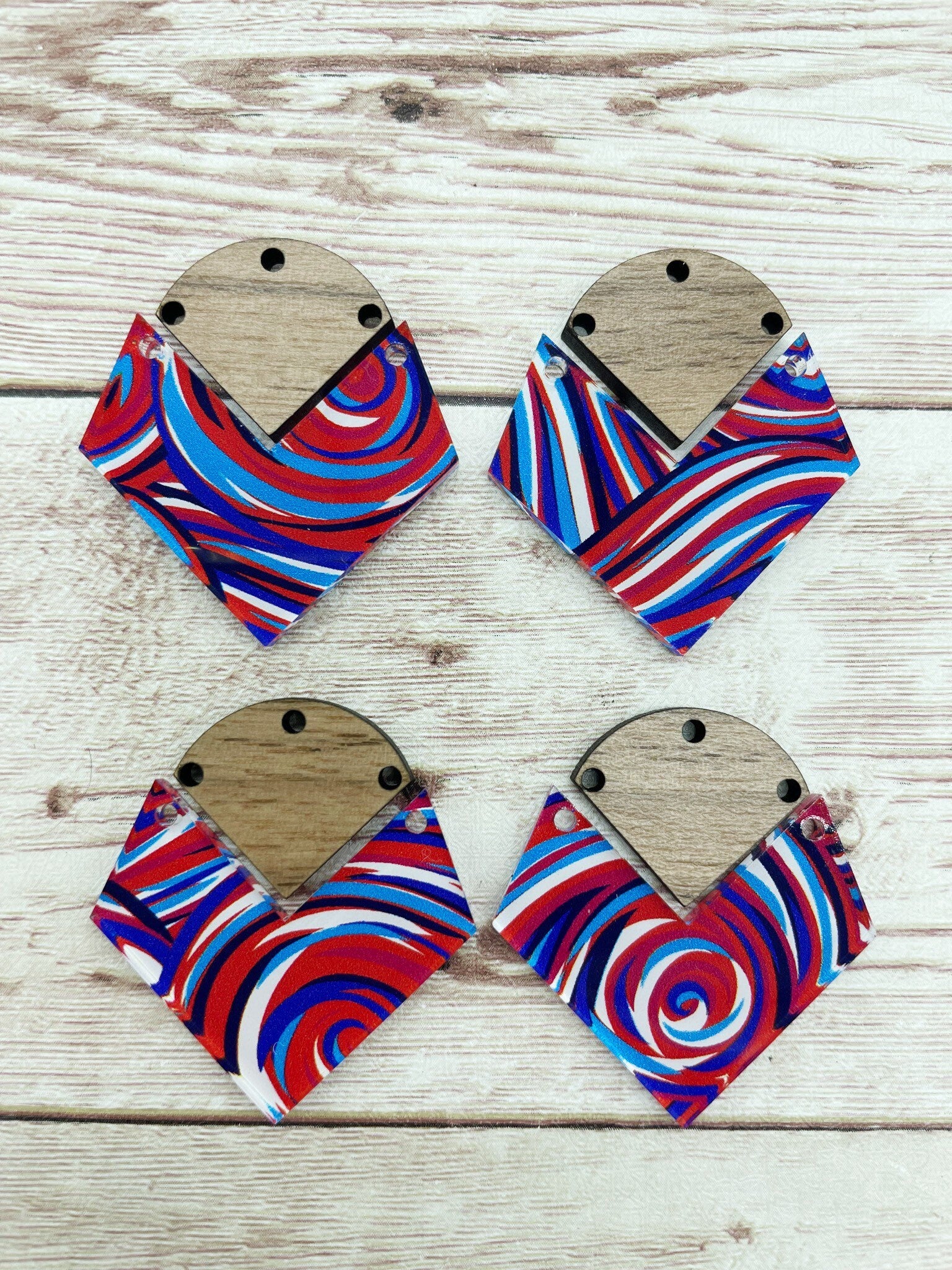 Patterned Red White Blue Swirl July Acrylic and Wood Connector Set Earring Blanks, DIY Jewelry Making