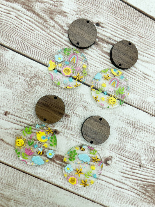 Patterned Spring Print Acrylic and Wood Circle Set Earring Blanks, DIY Jewelry Making