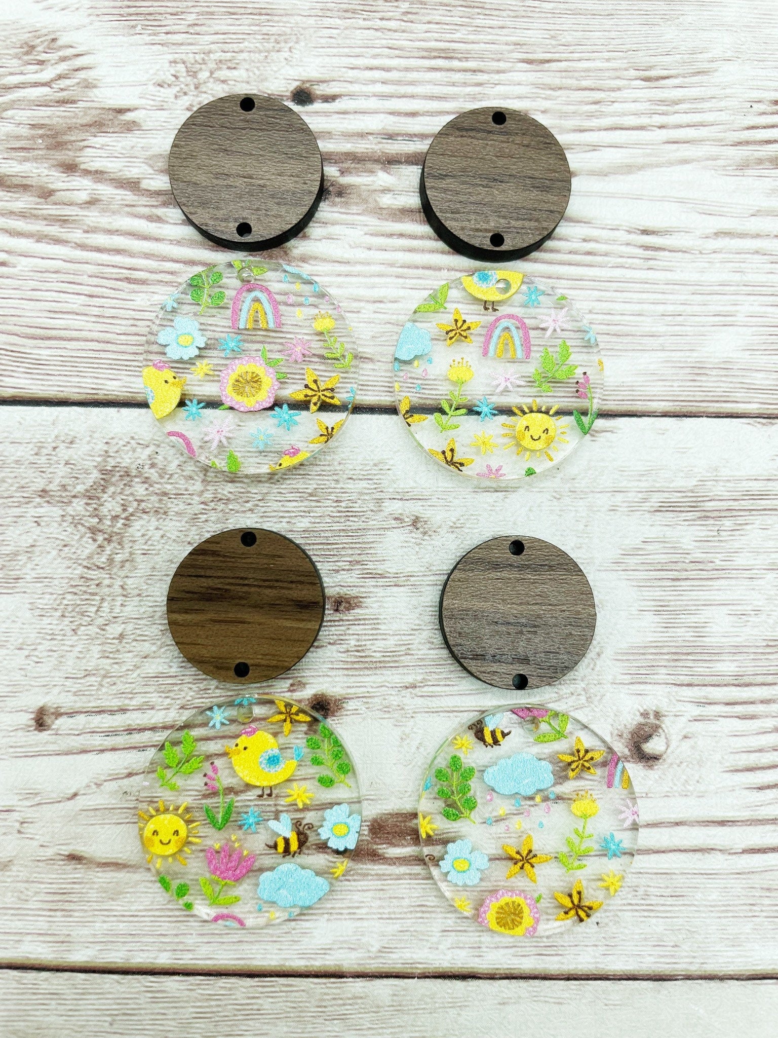 Patterned Spring Print Acrylic and Wood Circle Set Earring Blanks, DIY Jewelry Making