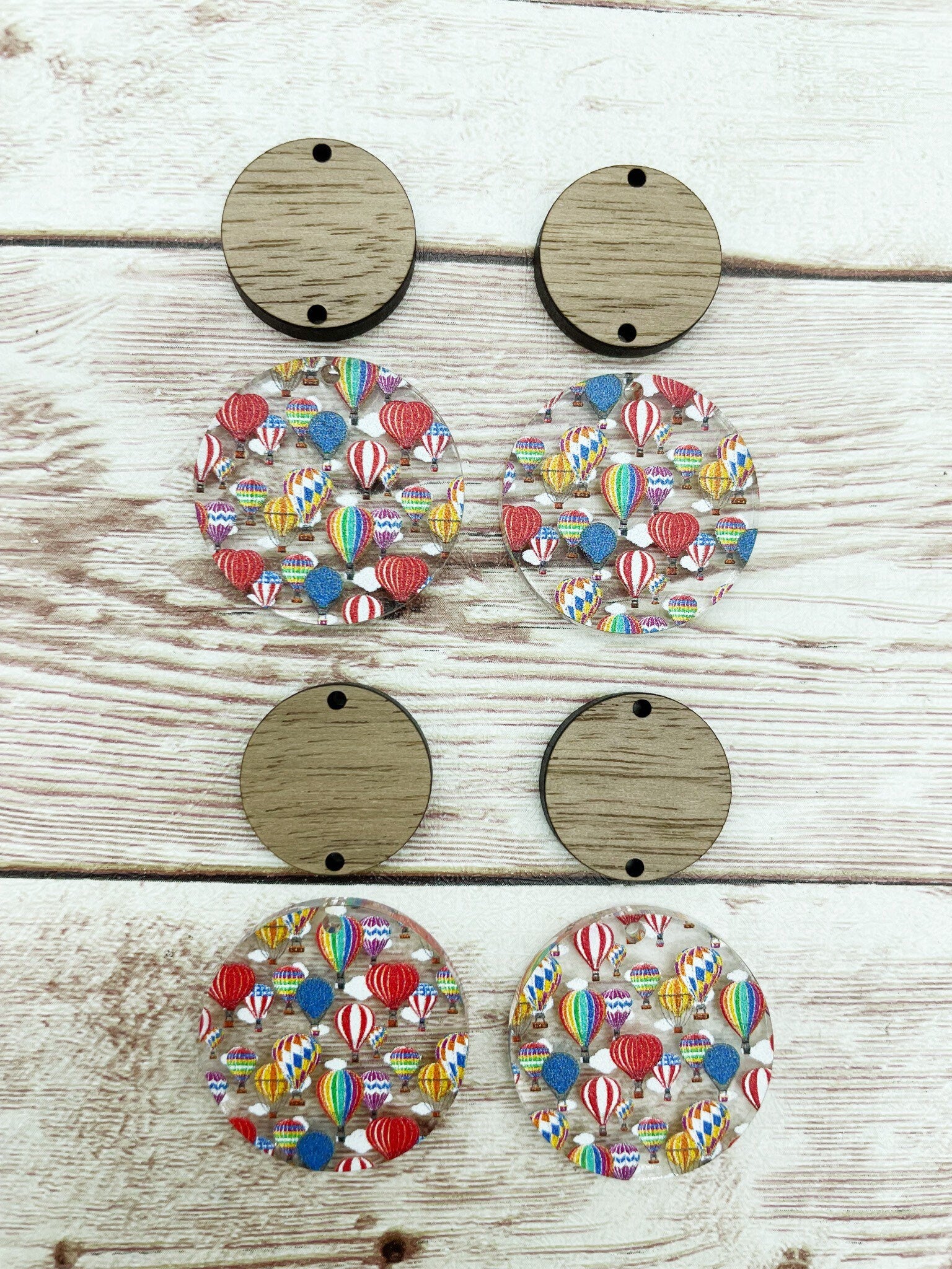 Patterned Acrylic and Wood Circle Set Hot Air Balloon Print Earring Blanks, DIY Jewelry Making
