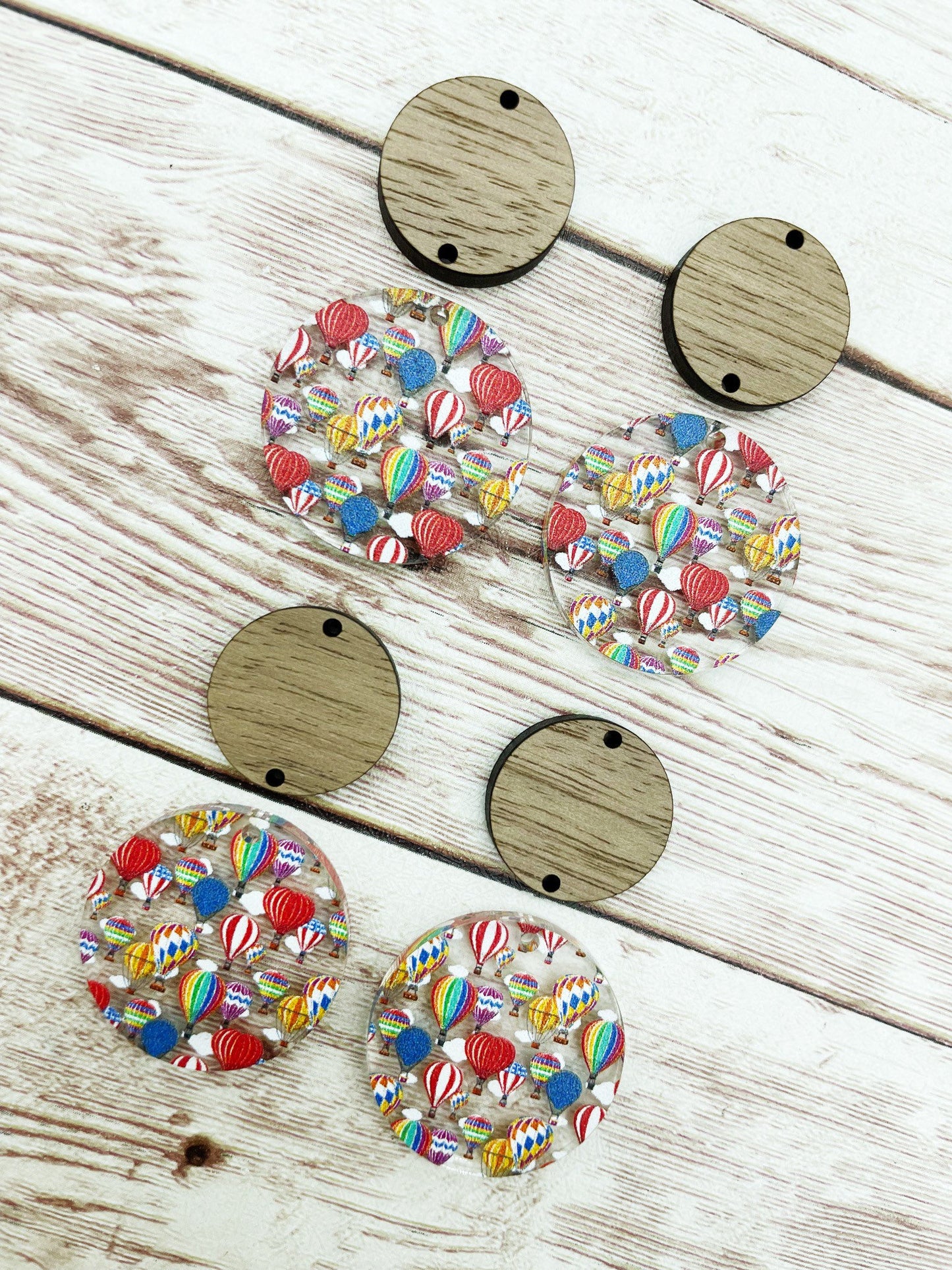 Patterned Acrylic and Wood Circle Set Hot Air Balloon Print Earring Blanks, DIY Jewelry Making