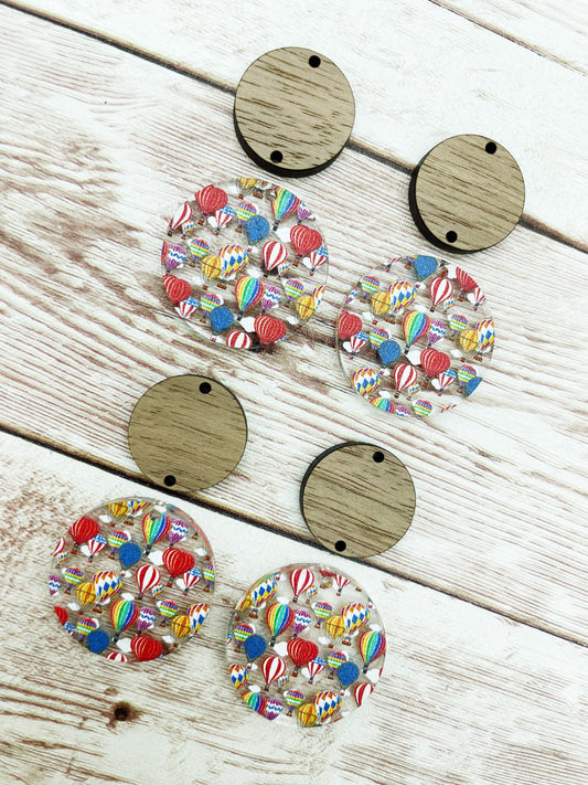 Patterned Acrylic and Wood Circle Set Hot Air Balloon Print Earring Blanks, DIY Jewelry Making