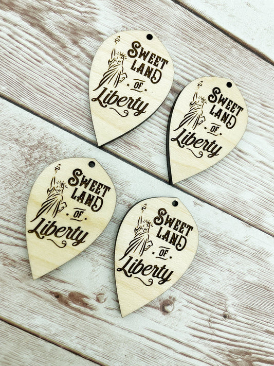 Wood Engraved Sweet Land of Liberty Earring Blanks, Finished Maple Blank, DIY Jewelry Making