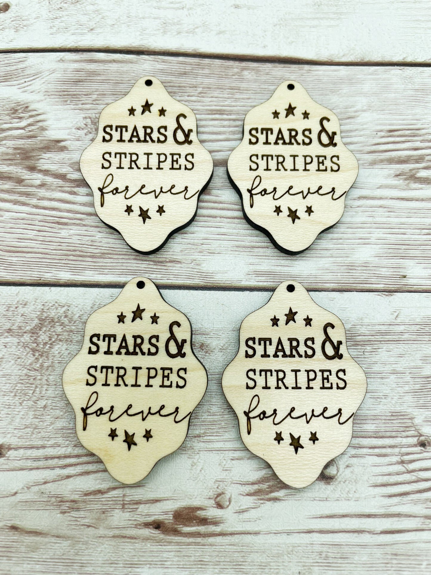 Wood Engraved Stars and Stripes Forever Earring Blanks, Finished Maple Blank, DIY Jewelry Making
